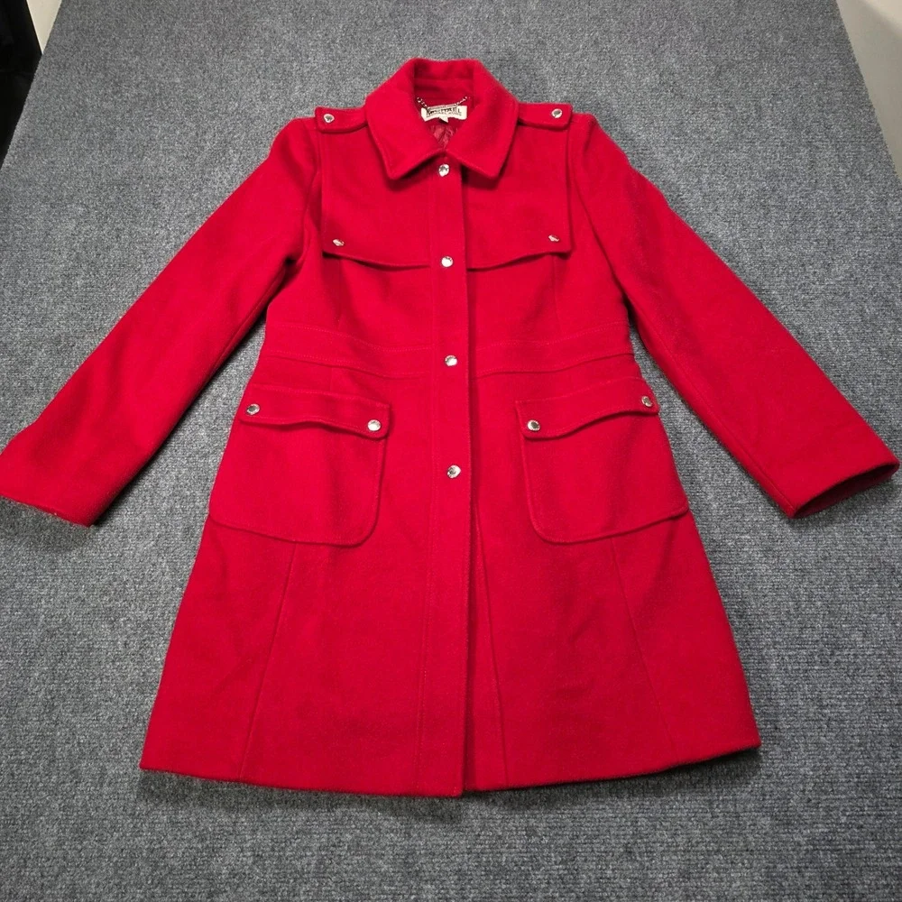 Michael by Michael Kors Red 100% Wool Coat Women 8 Long Length Snap Button‎ - Picture 2 of 14